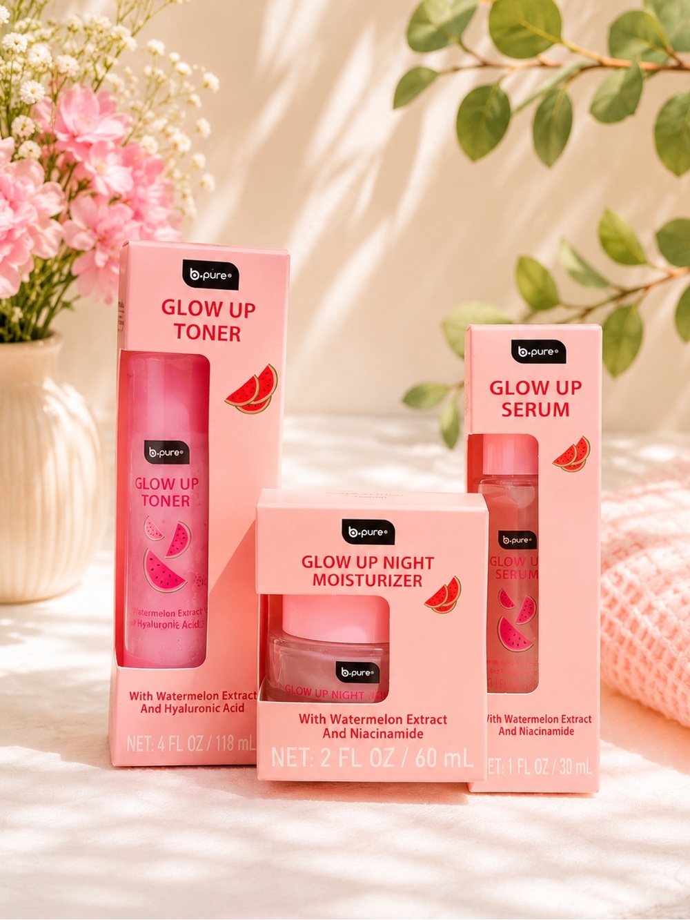 B.Pure Glow Up Watermelon Skincare Bundle – Toner, Serum & Night Moisturizer Set
